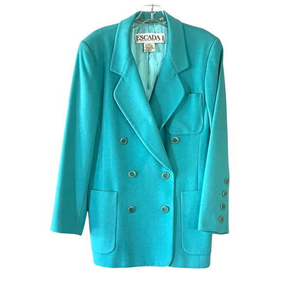 ESCADA Margaretha Ley Size 42/12 Turquoise Teal Wool Silk Double Breasted Blazer - Picture 1 of 11